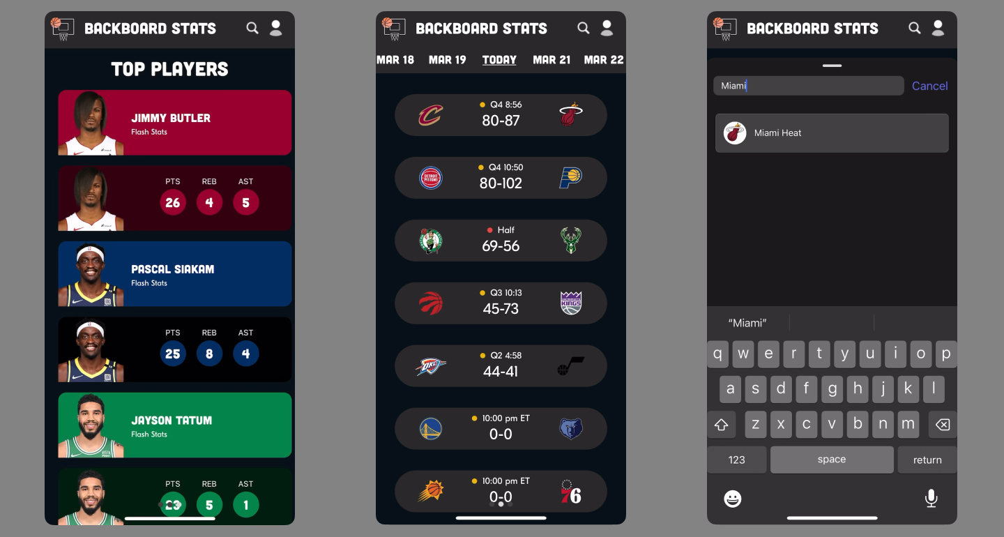 Three images of the mobile app of Backboard Stats.