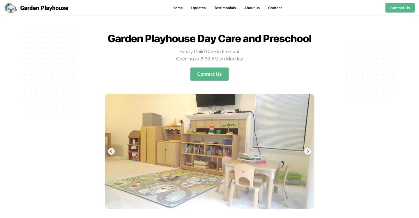 An image of the website, Garden Playhouse Daycare.
