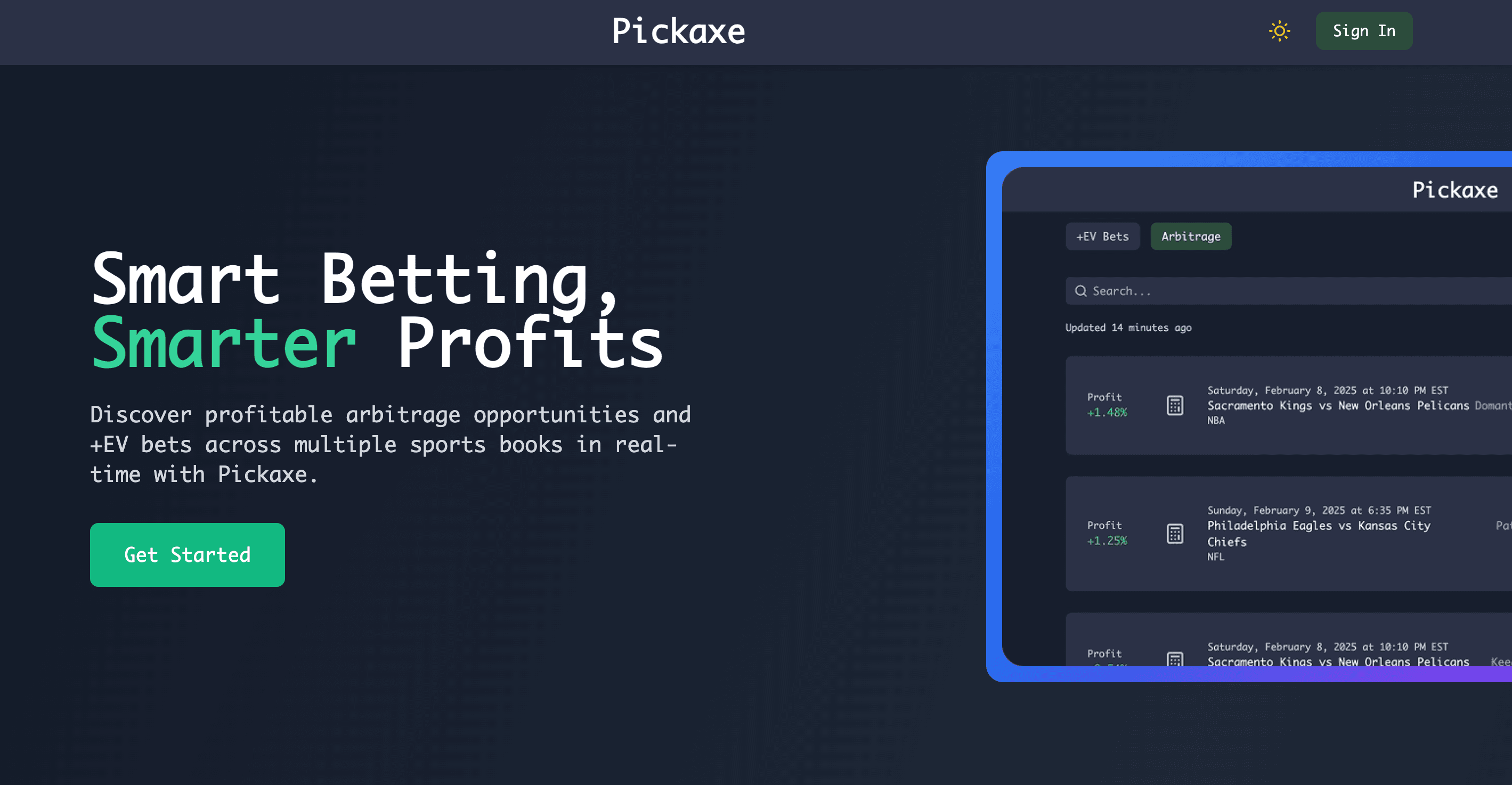 Screenshot of the landing page of Pickaxe Sports.